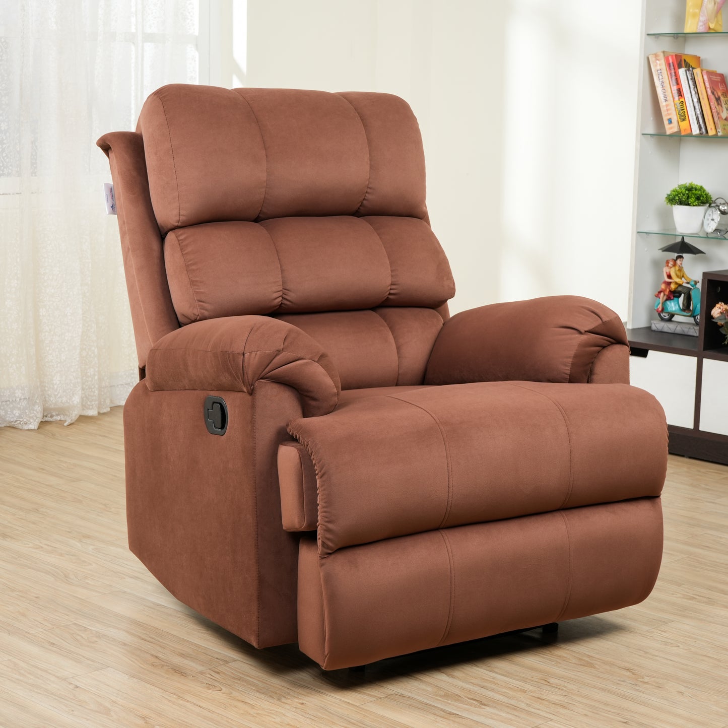 SOLIS ROYALE- THE DESIRED COMFORT Fabric Recliner 1 Seater Sofa Chair | Hush Puffy Recliner Sofa for Head Support and Leg Relaxation | Manual Recliner Lounge Chairs (1 Year Warranty, Lite Brown)