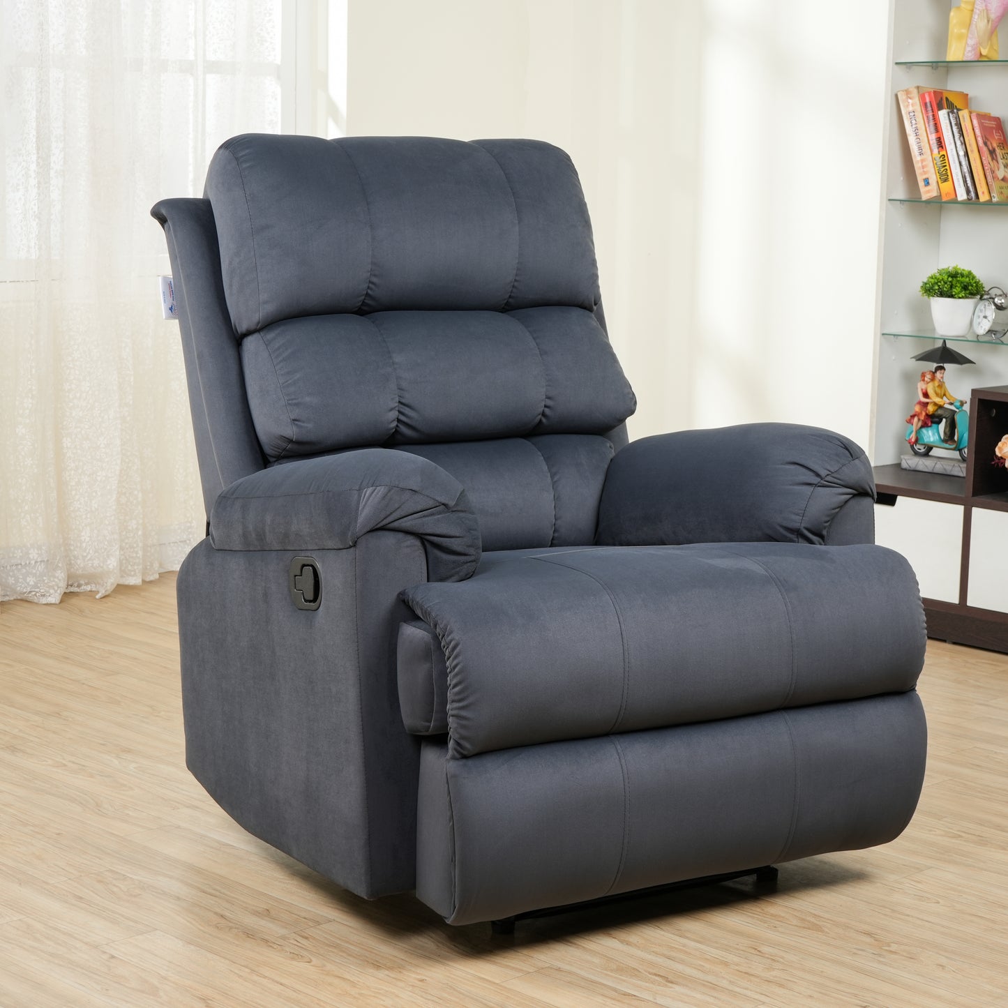 SOLIS ROYALE- THE DESIRED COMFORT Fabric Recliner 1 Seater Sofa Chair | Hush Puffy Recliner Sofa for Head Support and Leg Relaxation | Manual Recliner Lounge Chairs (1 Year Warranty, Dark Grey)