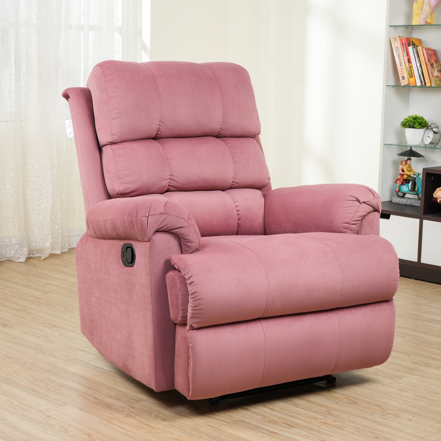 Fabric Recliner 1 Seater Sofa Chair | Hush Puffy Rocking & Revolving Manual Recliner Sofa for Head Support and Leg Relaxation Pink