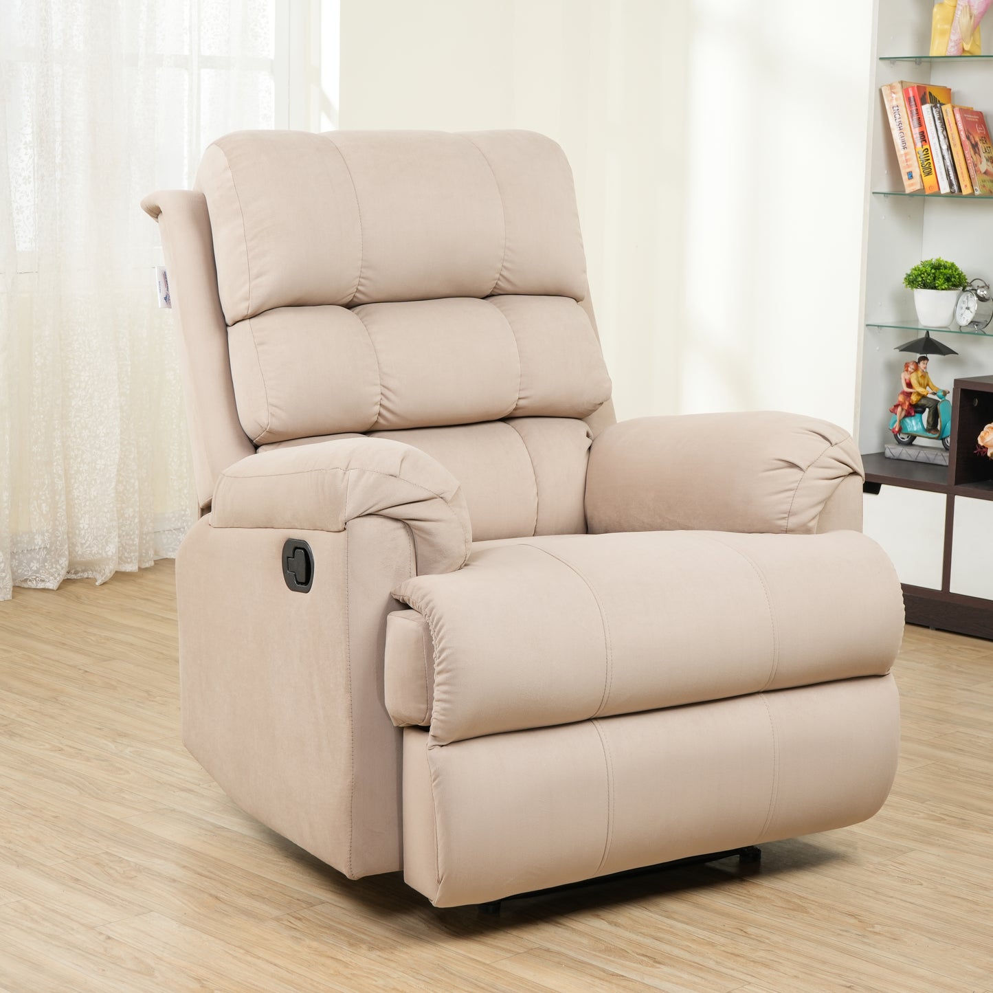 Ultra Premium Fabric Recliner 1 Seater Sofa Chair | Hush Puffy Rocking & Revolving Manual Recliner Sofa for Head Support and Leg Relaxation Cream