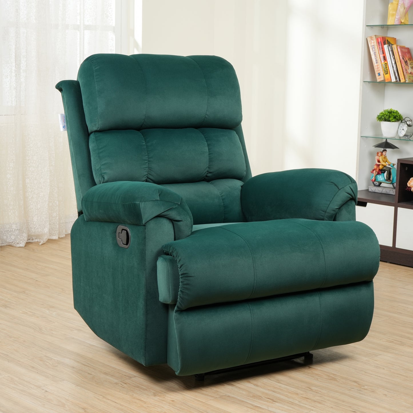 SOLIS ROYALE- THE DESIRED COMFORT Fabric Recliner 1 Seater Sofa Chair | Hush Puffy Recliner Sofa for Head Support and Leg Relaxation | Manual Recliner Lounge Chairs (1 Year Warranty, Green)