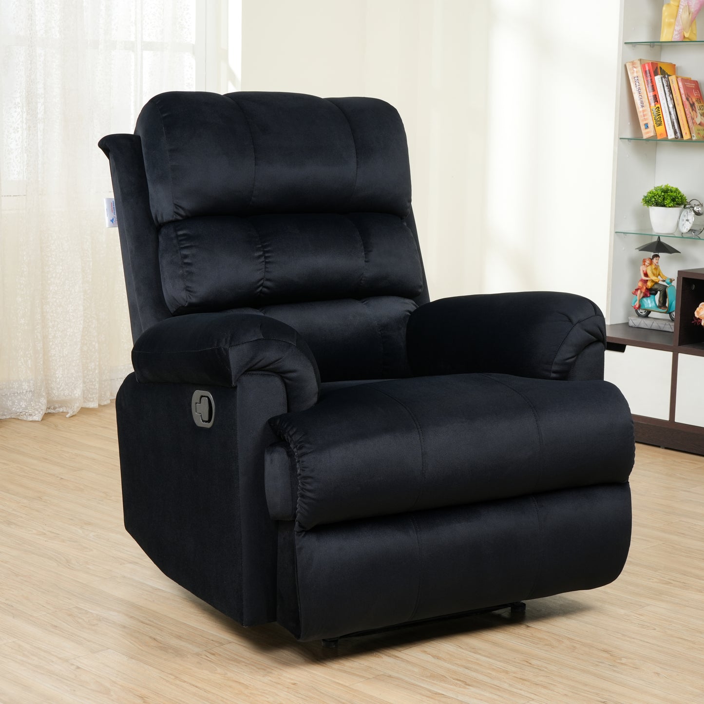 SOLIS ROYALE- THE DESIRED COMFORT Fabric Recliner 1 Seater Sofa Chair | Hush Puffy Recliner Sofa for Head Support and Leg Relaxation | Manual Recliner Lounge Chairs (1 Year Warranty, Black)