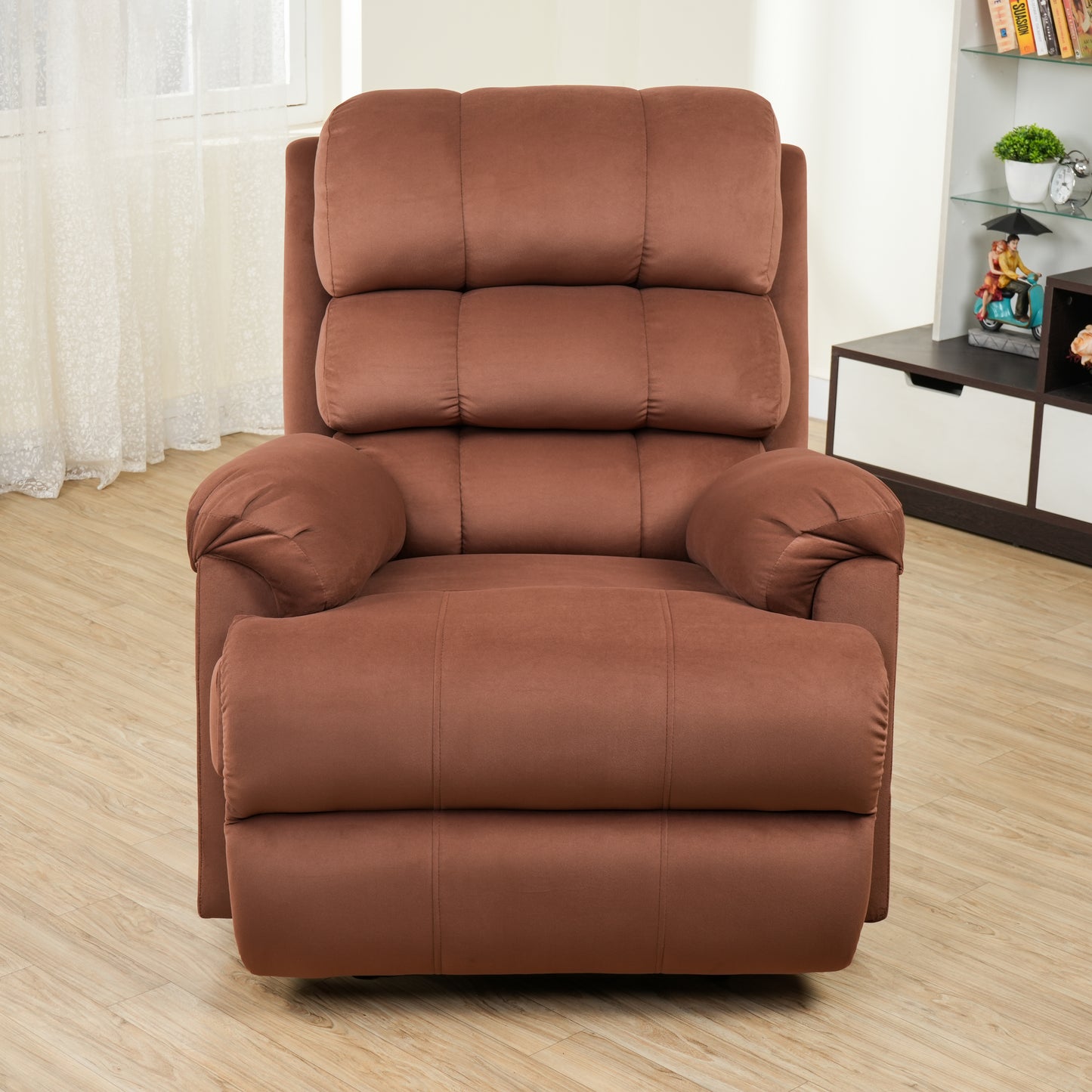 Fabric Recliner 1 Seater Sofa Chair | Hush Puffy Rocking & Revolving Manual Recliner Sofa for Head Support and Leg Relaxation Brown