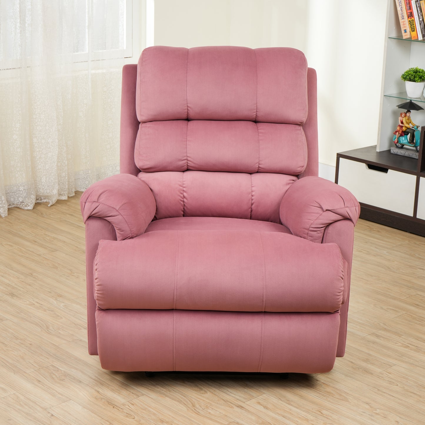Fabric Recliner 1 Seater Sofa Chair | Hush Puffy Rocking & Revolving Manual Recliner Sofa for Head Support and Leg Relaxation Pink