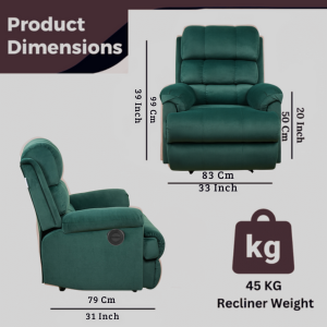 SOLIS ROYALE- THE DESIRED COMFORT Fabric Recliner 1 Seater Sofa Chair | Hush Puffy Recliner Sofa for Head Support and Leg Relaxation | Manual Recliner Lounge Chairs (1 Year Warranty, Green)