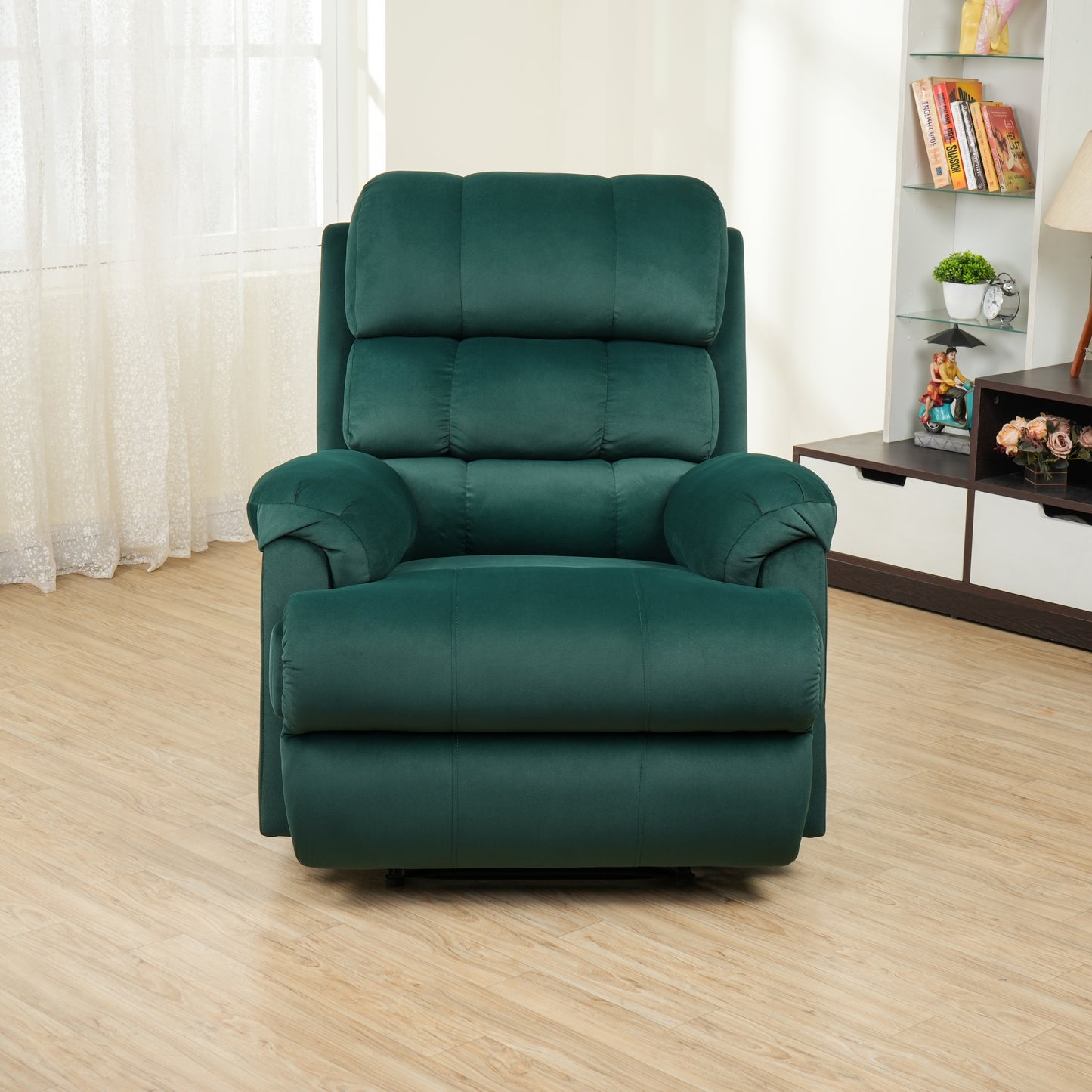 SOLIS ROYALE- THE DESIRED COMFORT Fabric Recliner 1 Seater Sofa Chair | Hush Puffy Recliner Sofa for Head Support and Leg Relaxation | Manual Recliner Lounge Chairs (1 Year Warranty, Green)