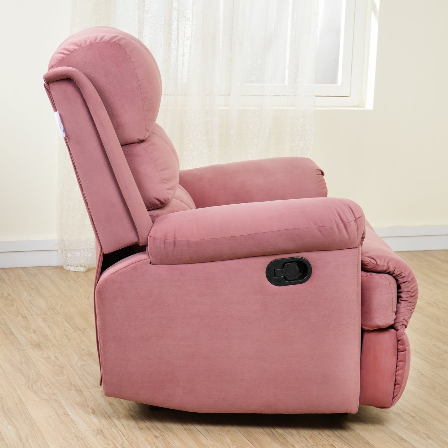 Fabric Recliner 1 Seater Sofa Chair | Hush Puffy Rocking & Revolving Manual Recliner Sofa for Head Support and Leg Relaxation Pink