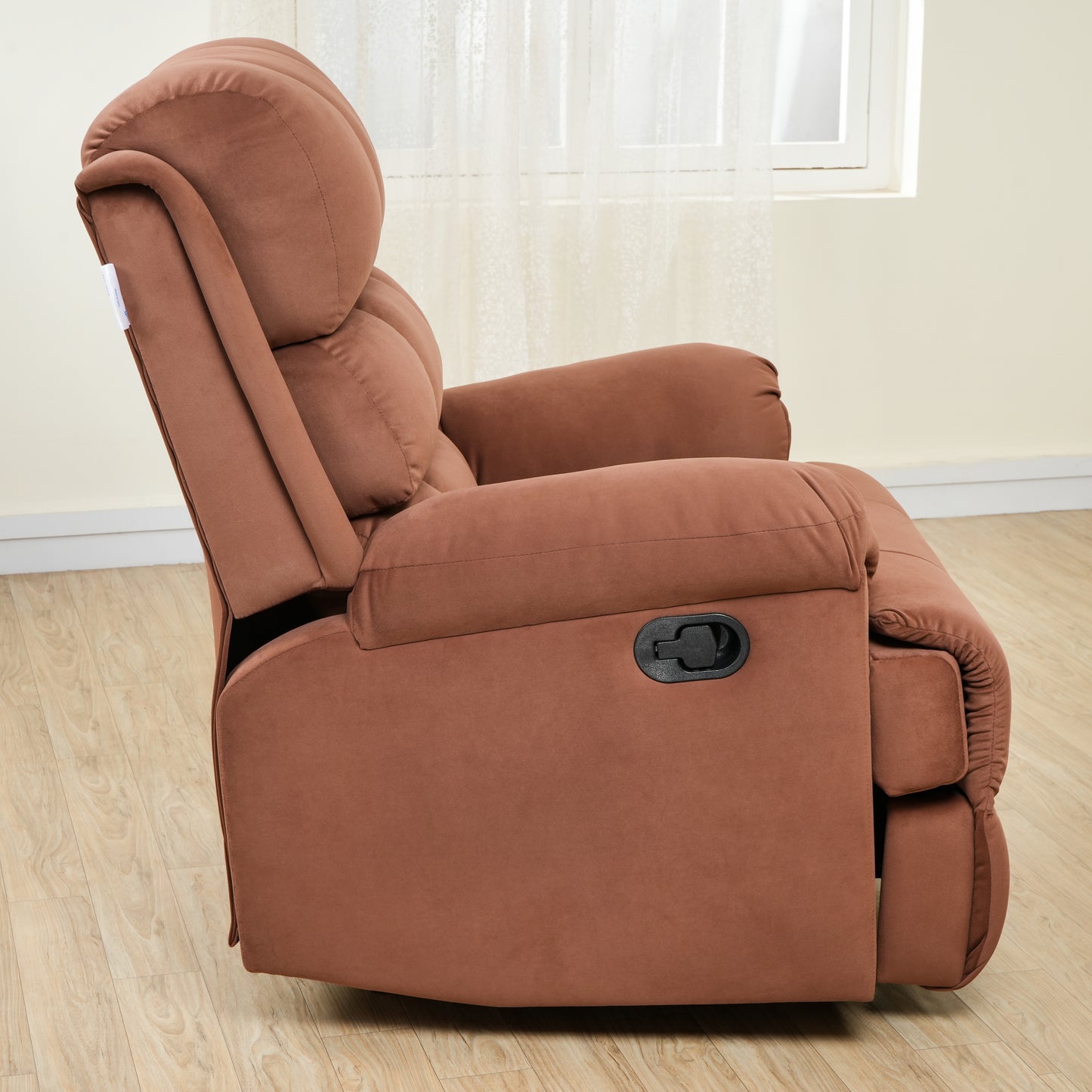Fabric Recliner 1 Seater Sofa Chair | Hush Puffy Rocking & Revolving Manual Recliner Sofa for Head Support and Leg Relaxation Brown