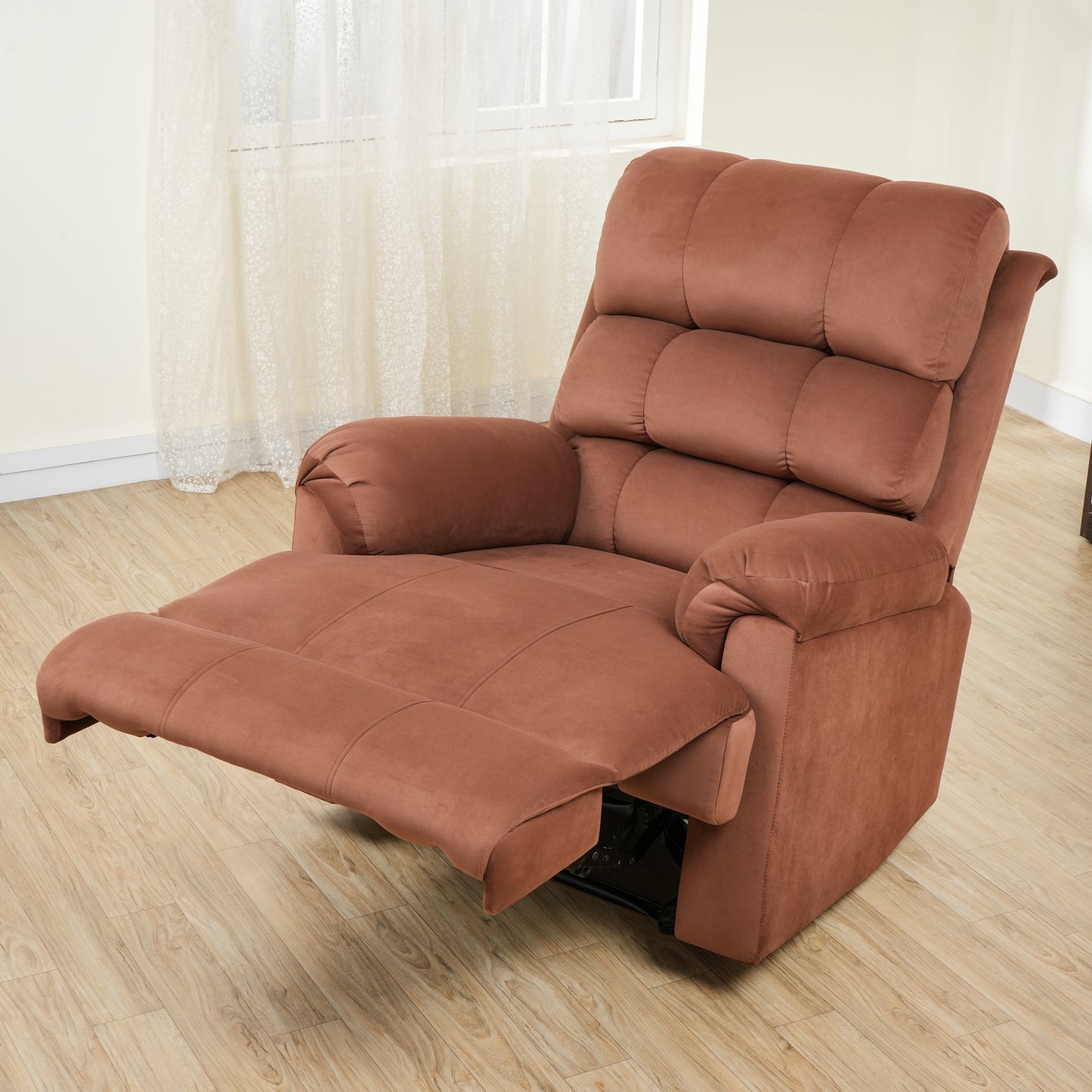Fabric Recliner 1 Seater Sofa Chair | Hush Puffy Rocking & Revolving Manual Recliner Sofa for Head Support and Leg Relaxation Brown