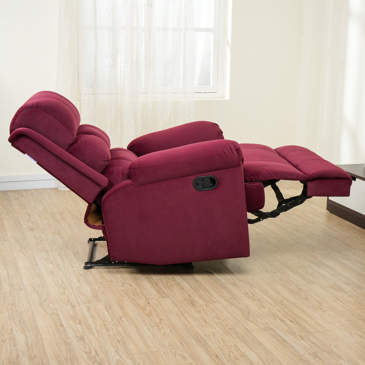 Fabric Recliner 1 Seater Sofa Chair | Hush Puffy Rocking & Revolving Manual Recliner Sofa for Head Support and Leg Relaxation Maroon