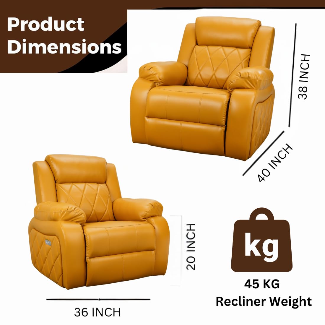 Leatherette Recliner 1 Seater Sofa Chair for Living Room Bedroom Office Relaxyard Rocking & Revolving Manual Recliner Lounge Chairs for Relaxing and Nap (1 Year Warranty, Yellow)