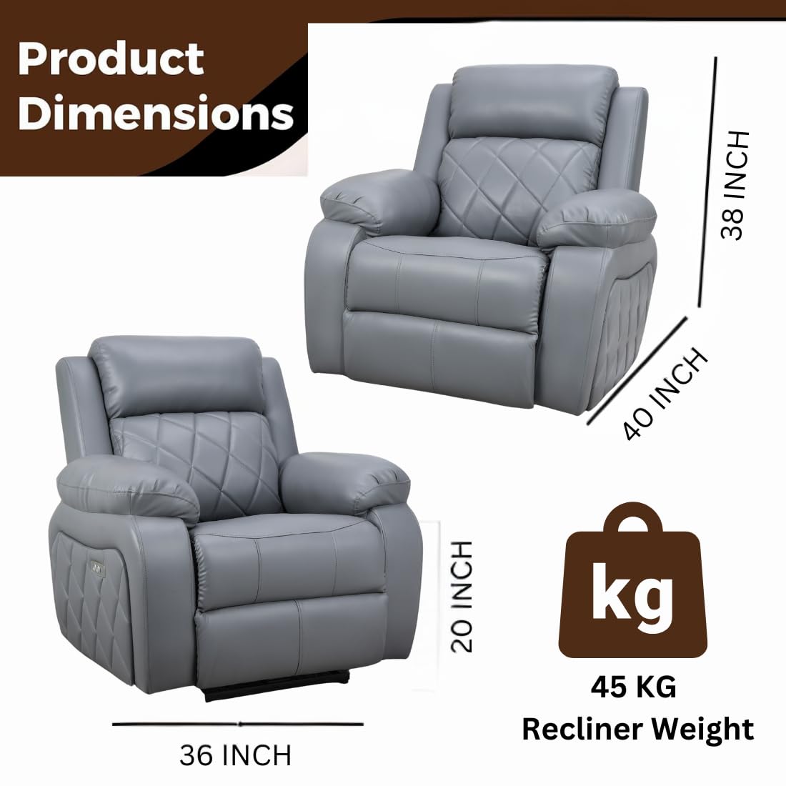Recliner Sofa Chair | 1 Seater | 1 Year Warranty | Recliner Chair | 1 Seater Sofa Chair | Relaxyard Motorized Recliner (Leatherette, Grey DIY)