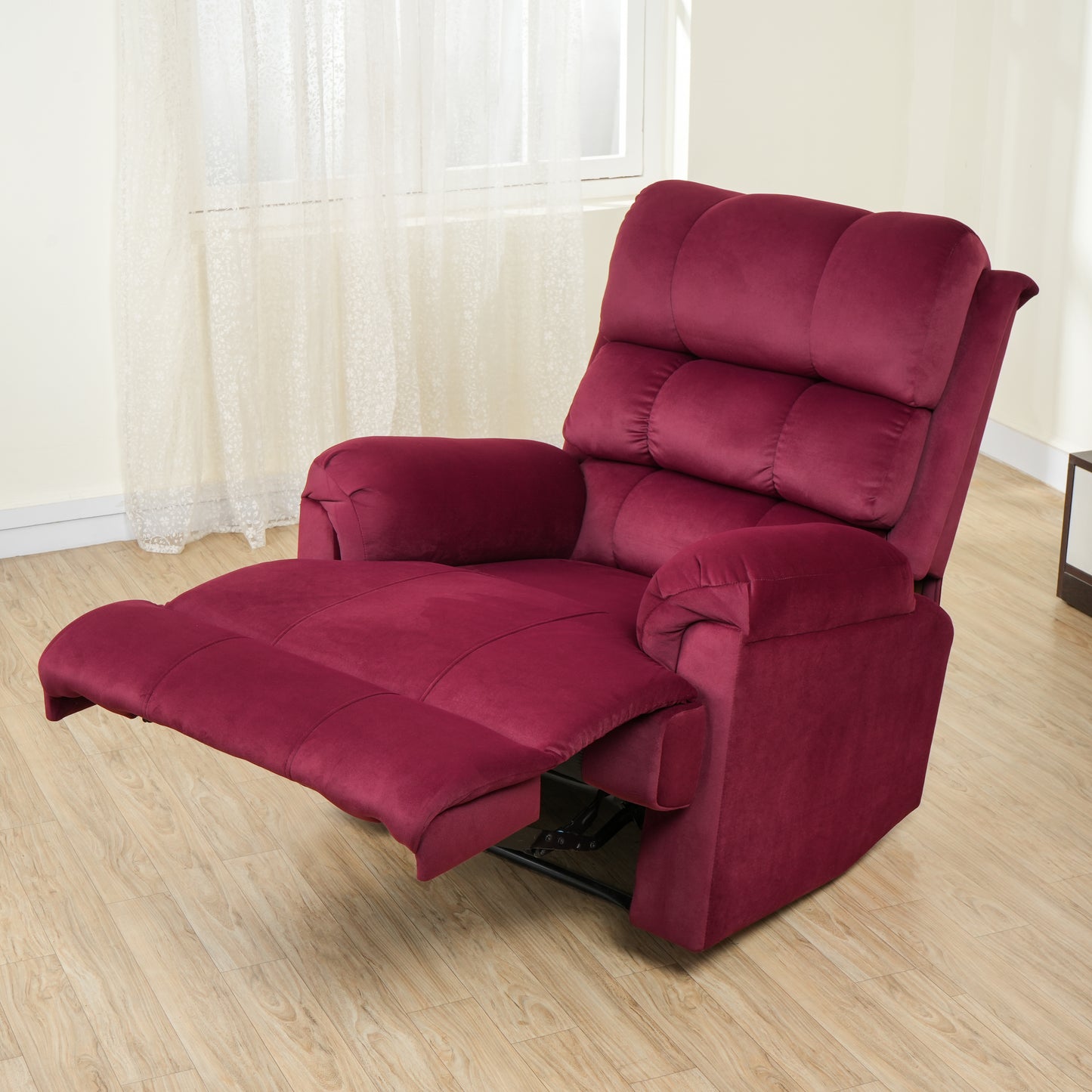 Fabric Recliner 1 Seater Sofa Chair | Hush Puffy Rocking & Revolving Manual Recliner Sofa for Head Support and Leg Relaxation Maroon