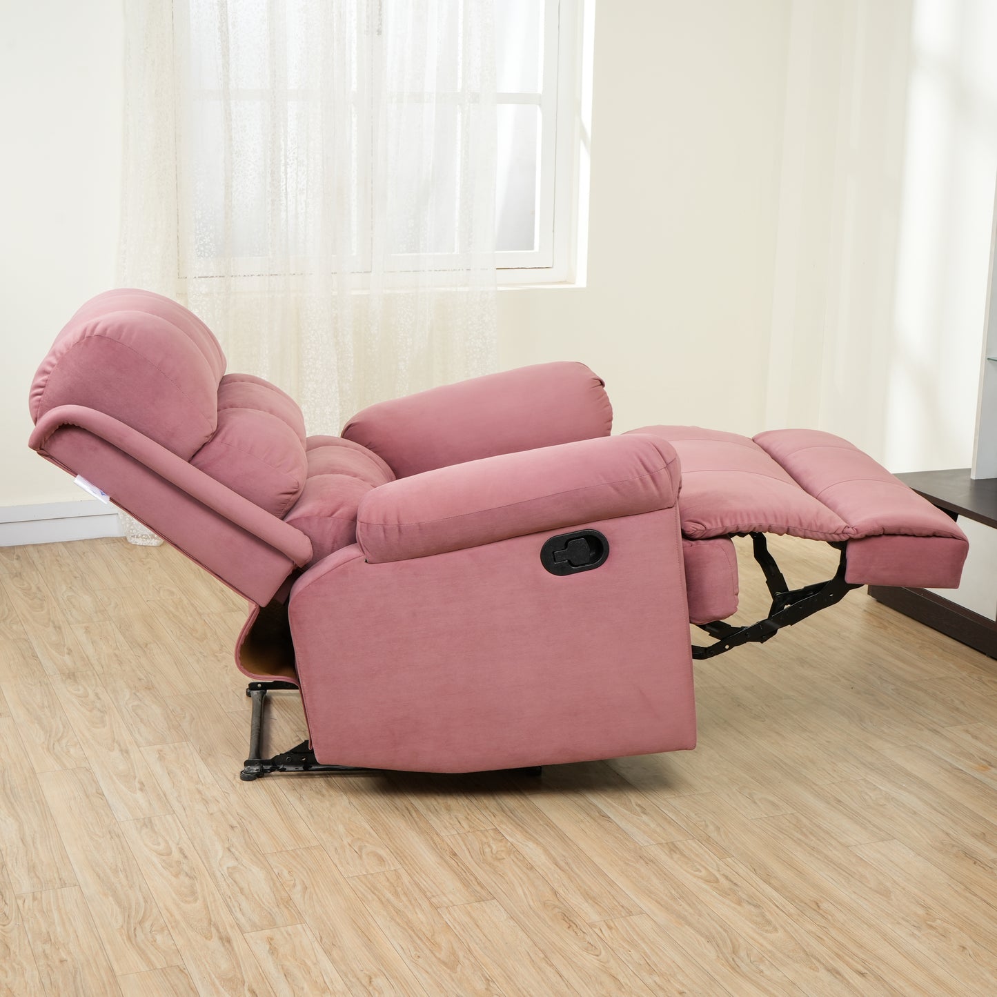 Fabric Recliner 1 Seater Sofa Chair | Hush Puffy Rocking & Revolving Manual Recliner Sofa for Head Support and Leg Relaxation Pink