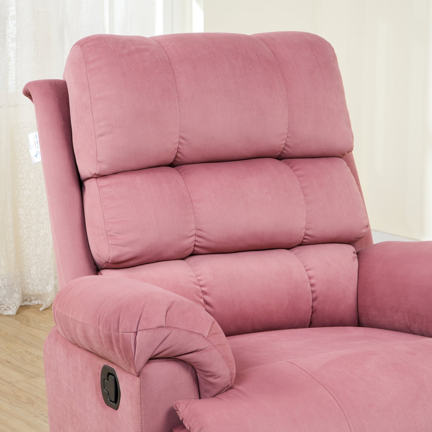 Fabric Recliner 1 Seater Sofa Chair | Hush Puffy Rocking & Revolving Manual Recliner Sofa for Head Support and Leg Relaxation Pink