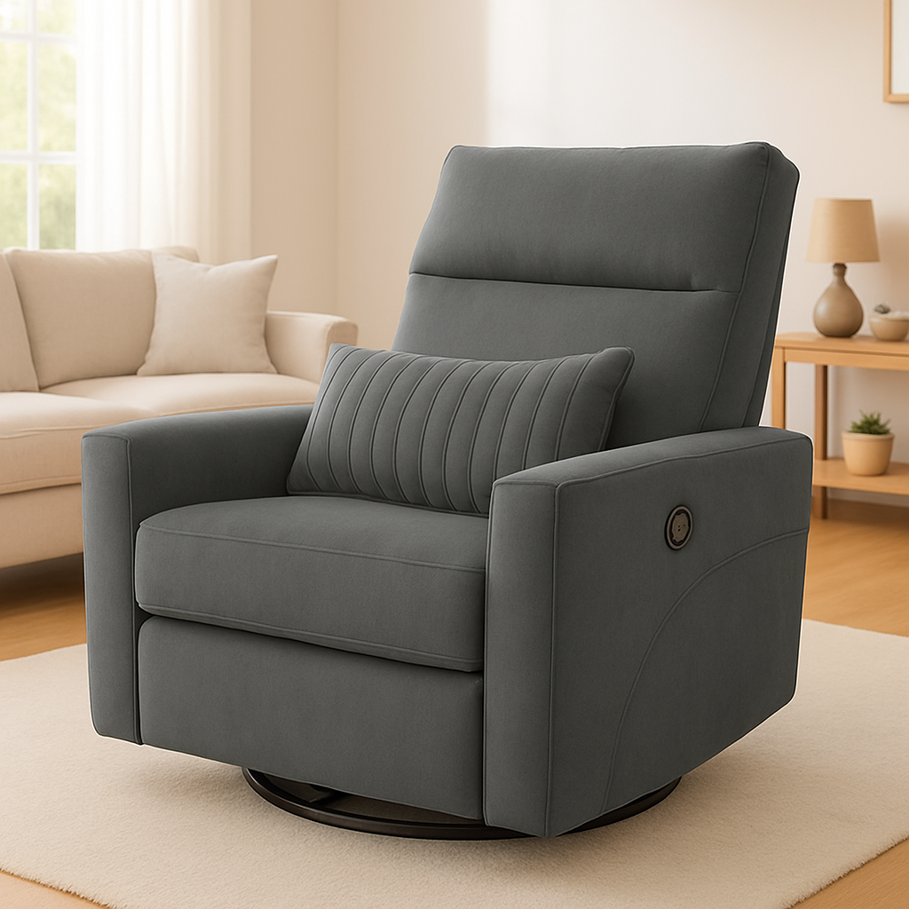 Recliner Sofa 1 Seater Manual Rocking & Revolving Chair I Fabric Recliner with USB Charging (Grey)