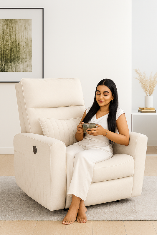 Recliner Sofa 1 Seater Motorized Rocking & Revolving Chair I Fabric Recliner with USB Charging (Off White)