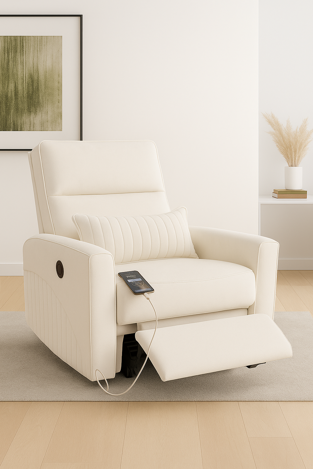Recliner Sofa 1 Seater Motorized Rocking & Revolving Chair I Fabric Recliner with USB Charging (Off White)