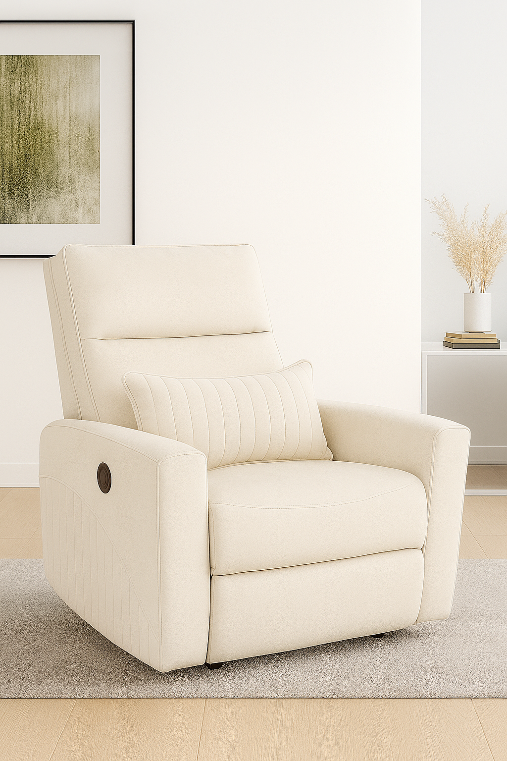 Recliner Sofa 1 Seater Motorized Rocking & Revolving Chair I Fabric Recliner with USB Charging (Off White)