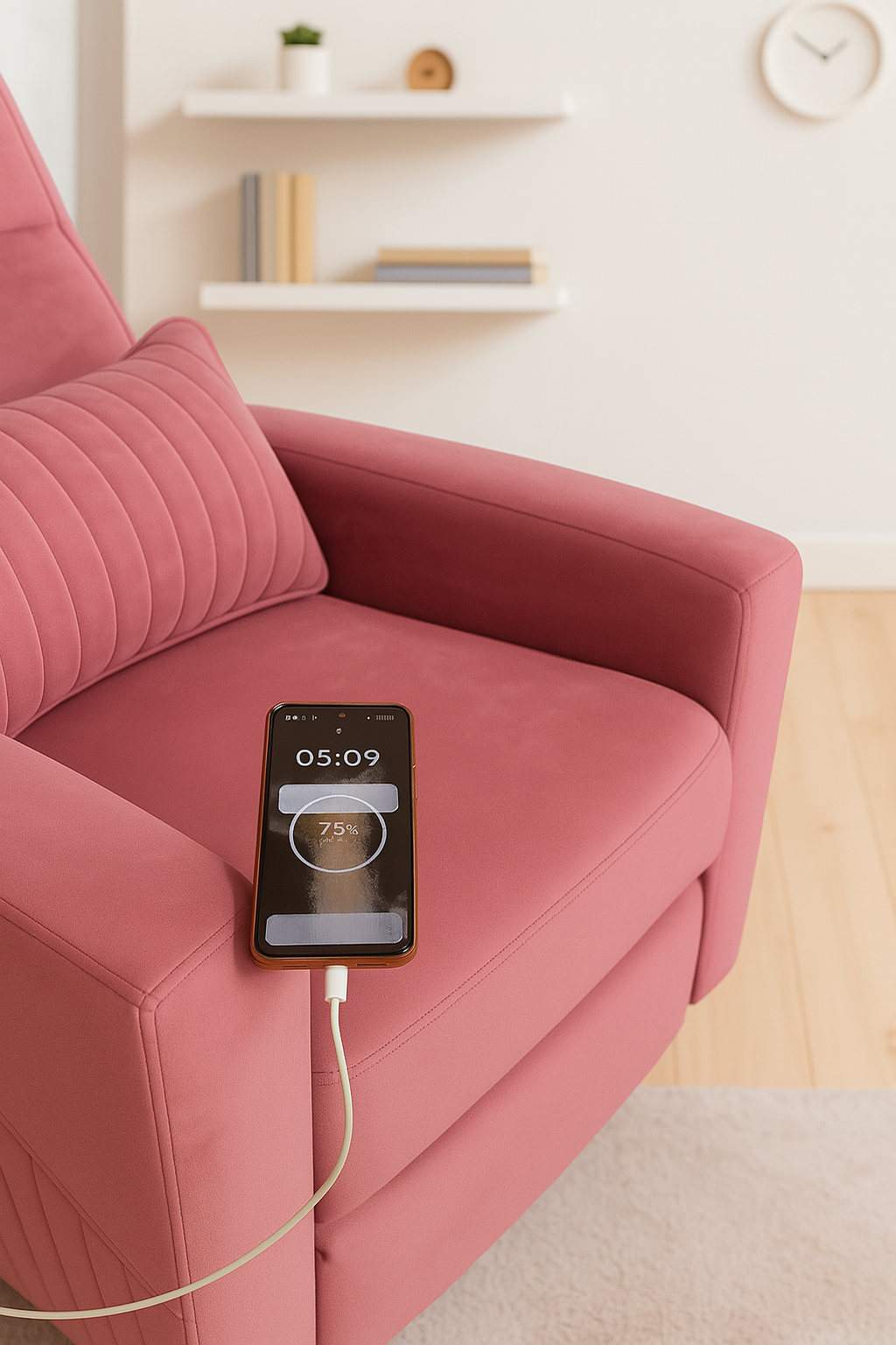 Recliner Sofa 1 Seater Manual Rocking & Revolving Chair I Fabric Recliner with USB Charging (Pink)