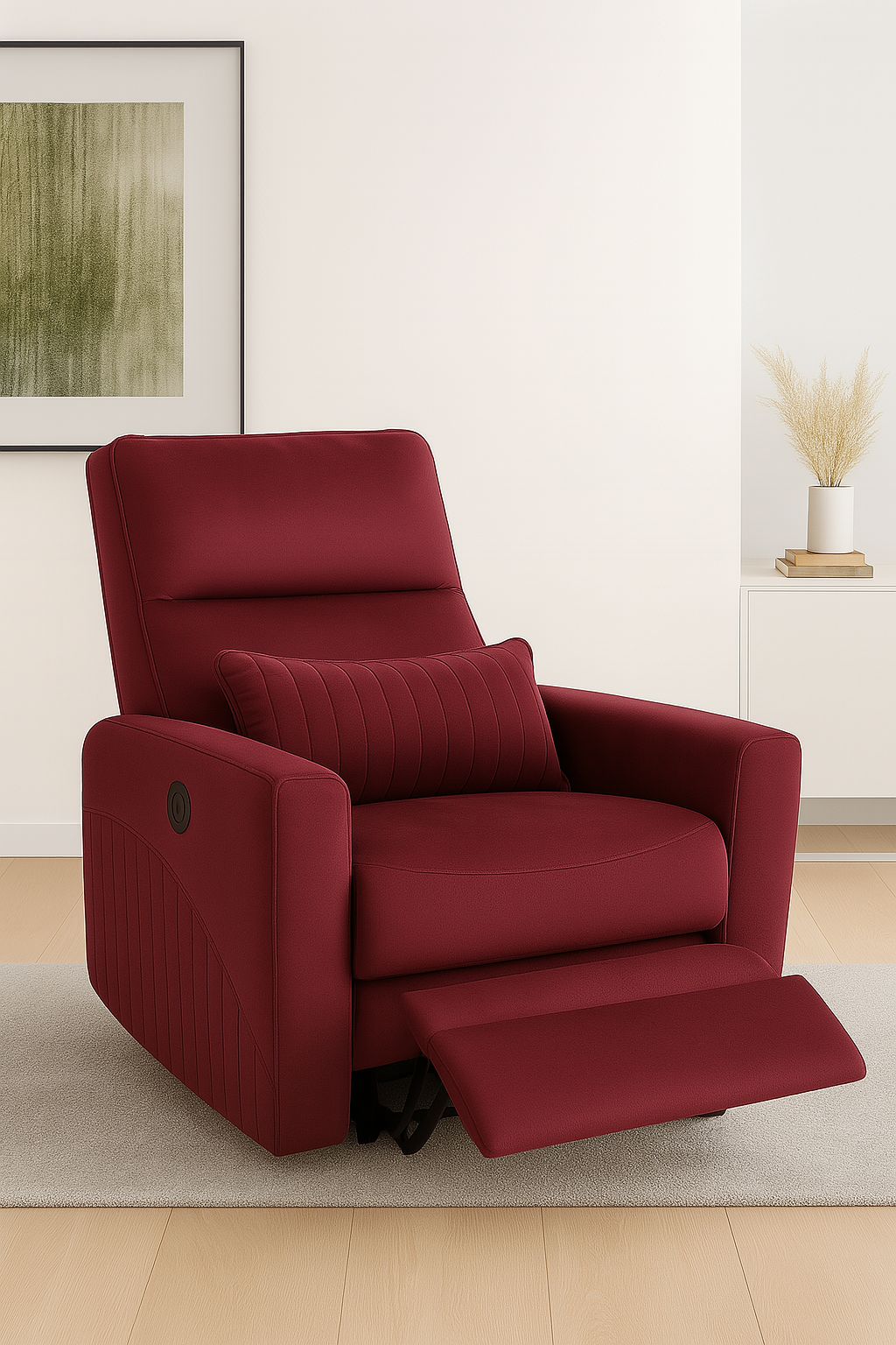 Recliner Sofa 1 Seater Motorized Rocking & Revolving Chair I Fabric Recliner with USB Charging (Maroon)