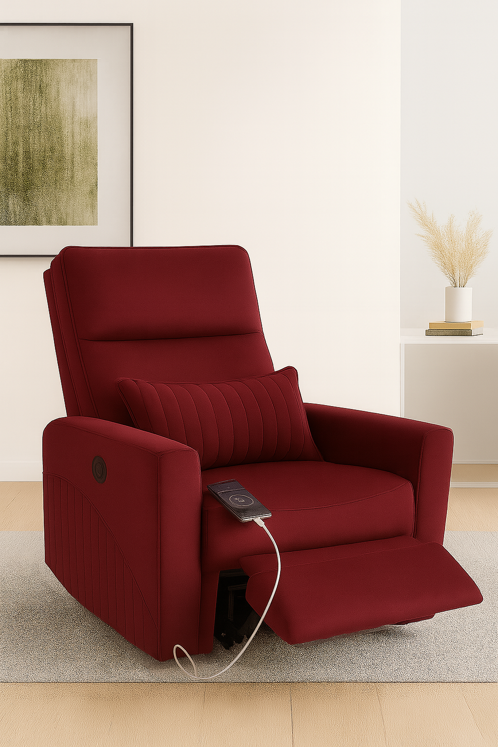 Recliner Sofa 1 Seater Manual Rocking & Revolving Chair I Fabric Recliner with USB Charging (Maroon)