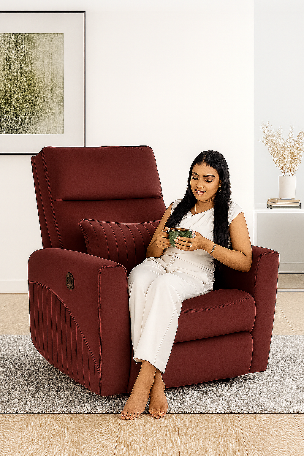Recliner Sofa 1 Seater Motorized Rocking & Revolving Chair I Fabric Recliner with USB Charging (Maroon)