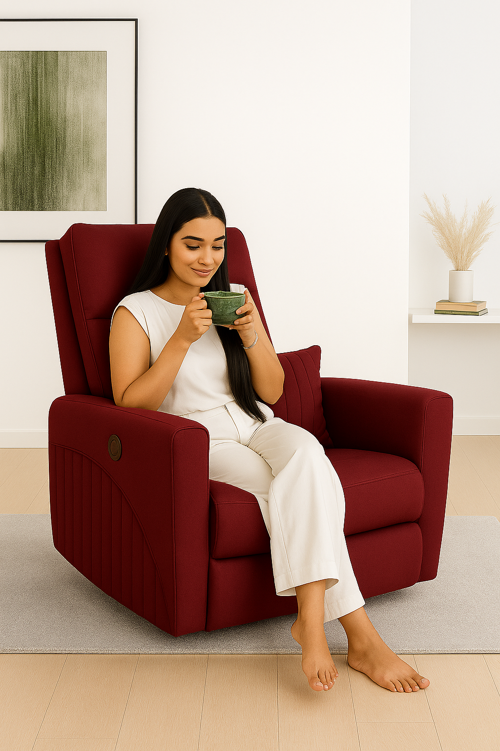 Recliner Sofa 1 Seater Motorized Rocking & Revolving Chair I Fabric Recliner with USB Charging (Maroon)