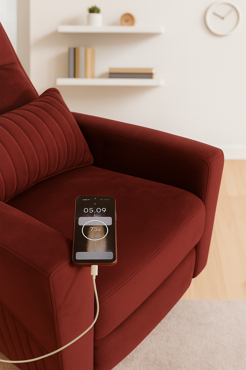 Recliner Sofa 1 Seater Motorized Rocking & Revolving Chair I Fabric Recliner with USB Charging (Maroon)