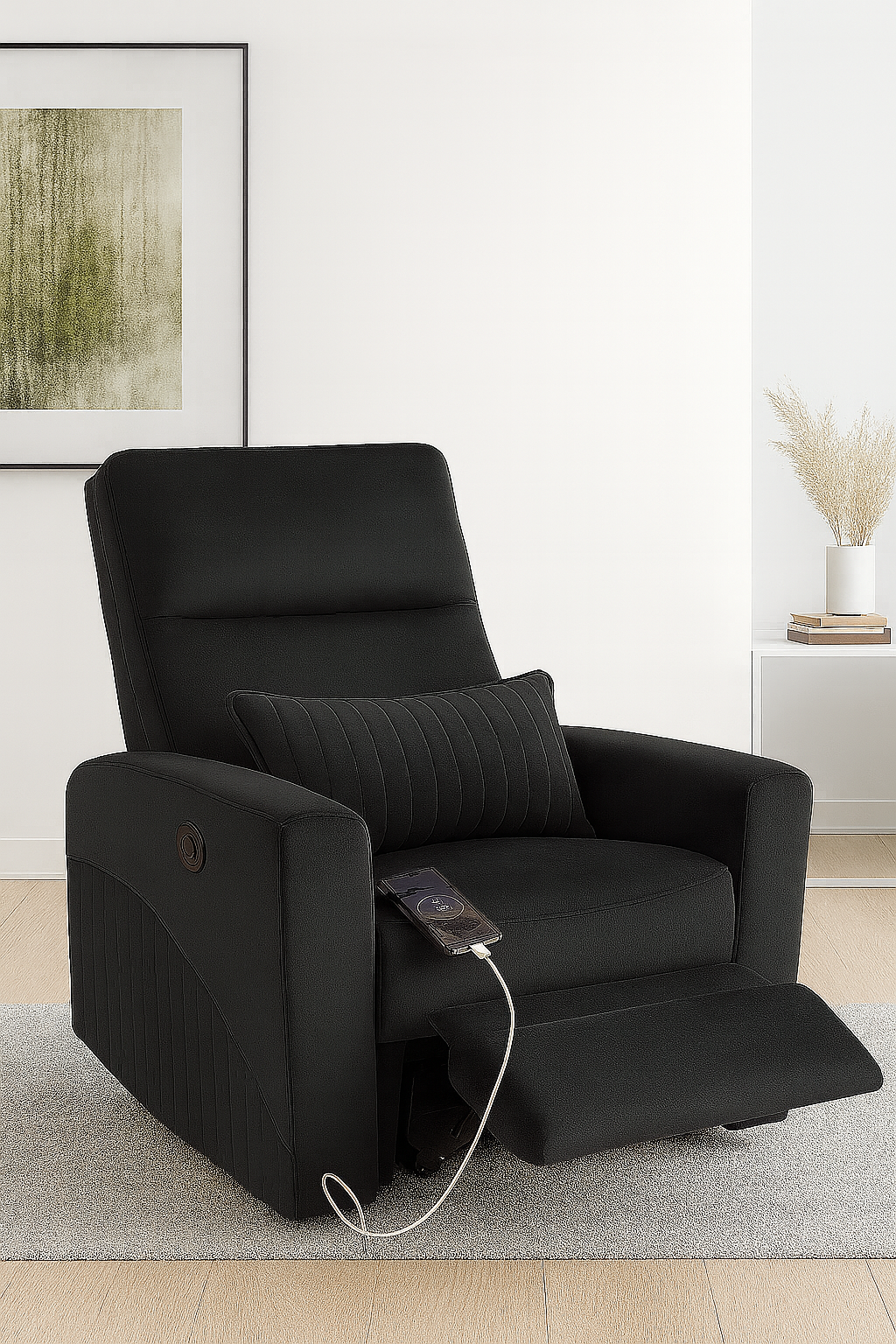 Recliner Sofa 1 Seater Manual Rocking & Revolving Chair I Fabric Recliner with USB Charging (Black)