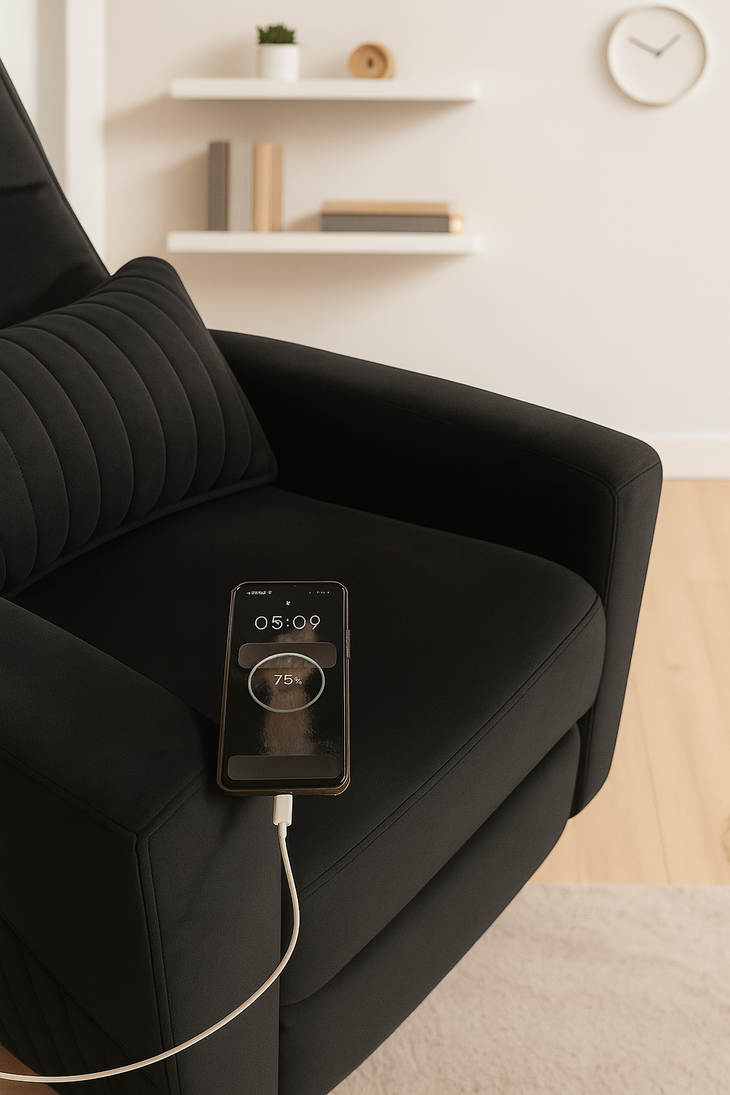 Recliner Sofa 1 Seater Manual Rocking & Revolving Chair I Fabric Recliner with USB Charging (Black)