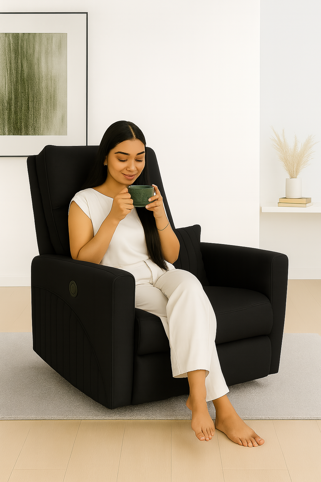 Recliner Sofa 1 Seater Manual Rocking & Revolving Chair I Fabric Recliner with USB Charging (Black)