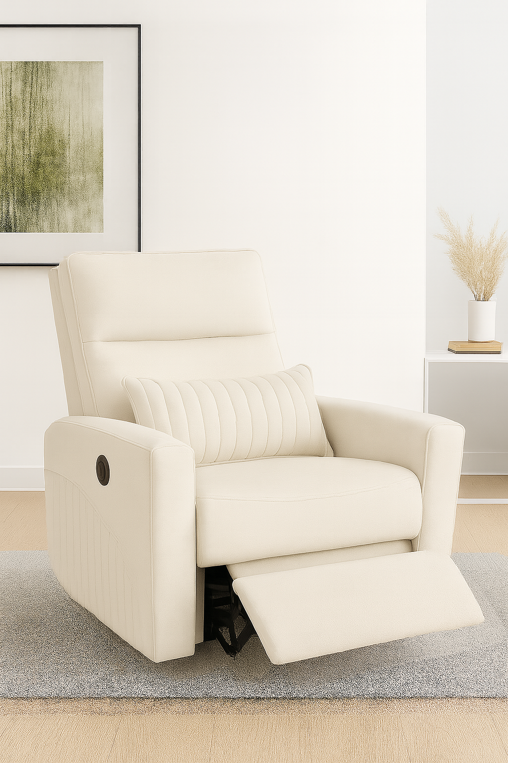 Recliner Sofa 1 Seater Motorized Rocking & Revolving Chair I Fabric Recliner with USB Charging (Off White)