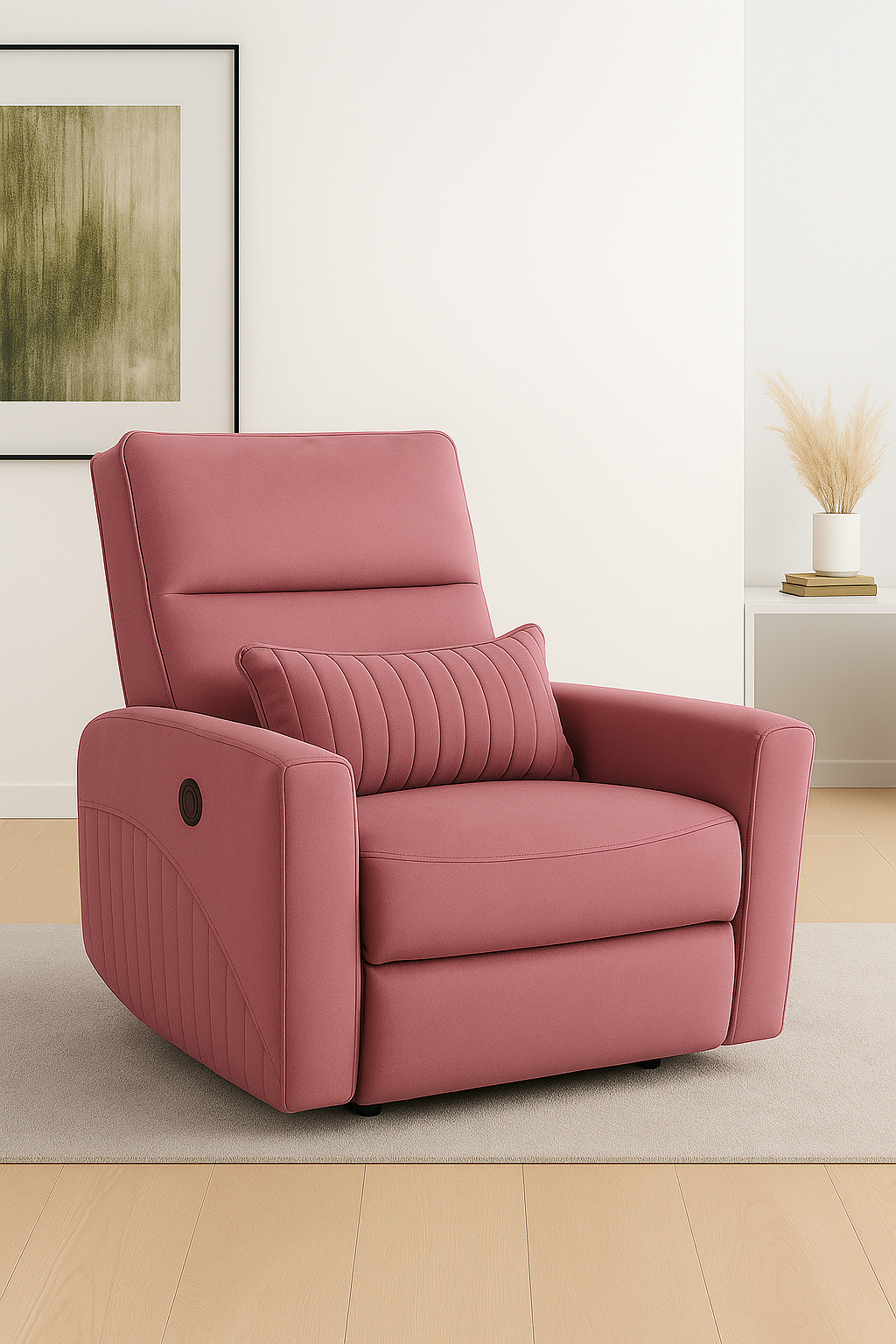 Recliner Sofa 1 Seater Manual Rocking & Revolving Chair I Fabric Recliner with USB Charging (Pink)