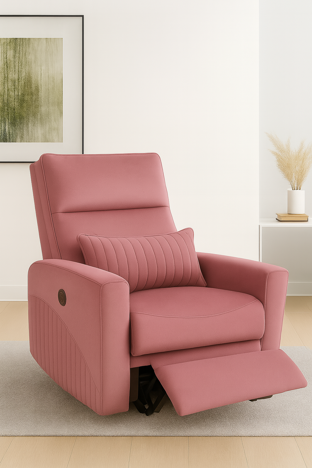 Recliner Sofa 1 Seater Manual Rocking & Revolving Chair I Fabric Recliner with USB Charging (Pink)