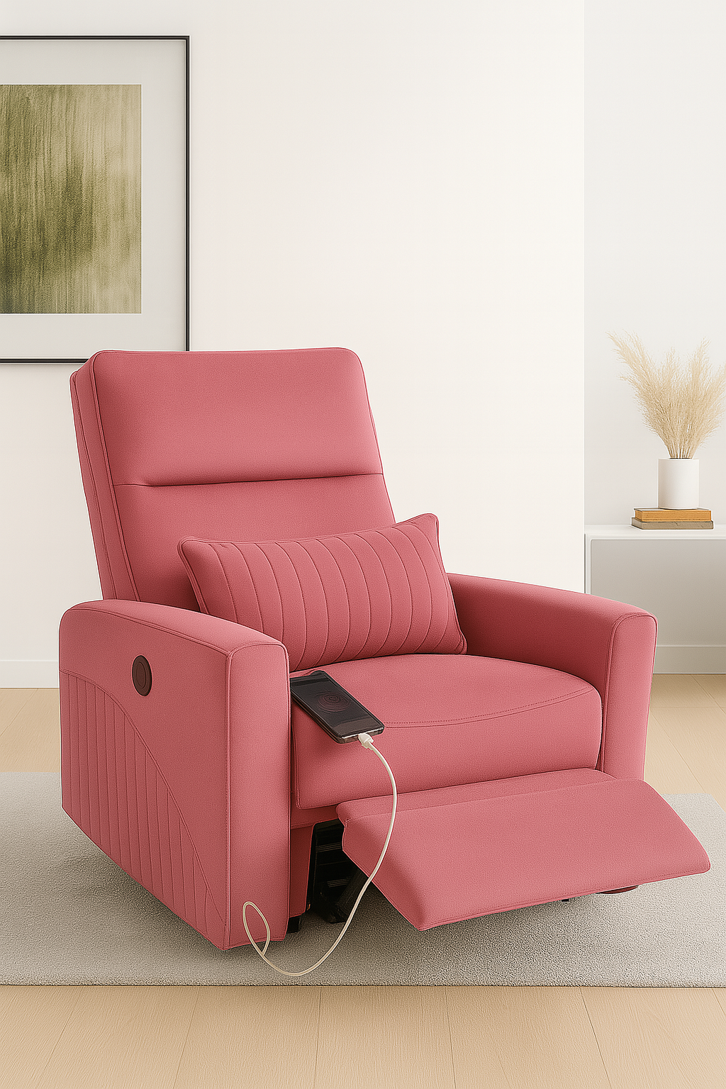 Recliner Sofa 1 Seater Manual Rocking & Revolving Chair I Fabric Recliner with USB Charging (Pink)
