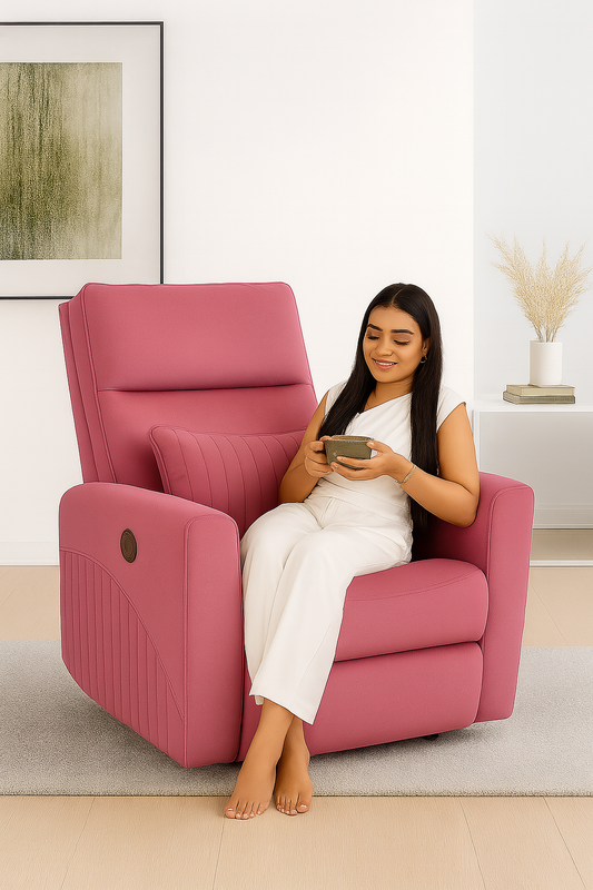 Recliner Sofa 1 Seater Manual Rocking & Revolving Chair I Fabric Recliner with USB Charging (Pink)