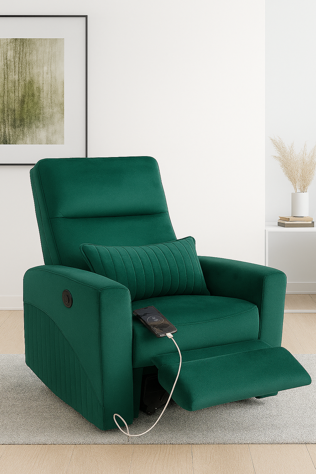 Recliner Sofa 1 Seater Manual Rocking & Revolving Chair I Fabric Recliner with USB Charging (Green)
