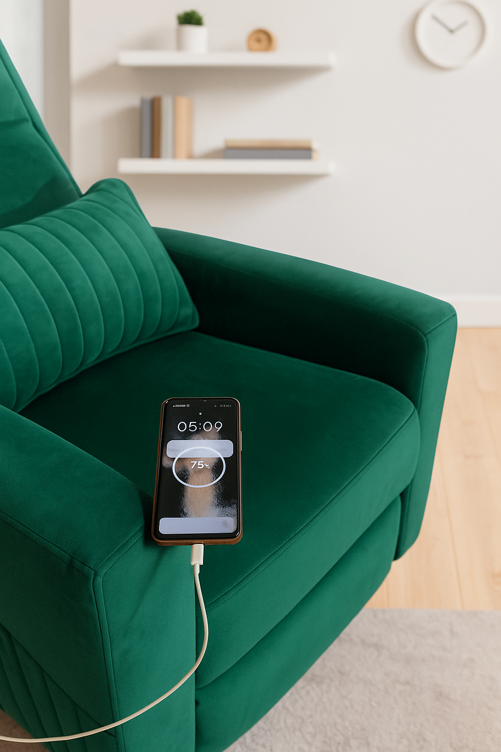 Recliner Sofa 1 Seater Manual Rocking & Revolving Chair I Fabric Recliner with USB Charging (Green)