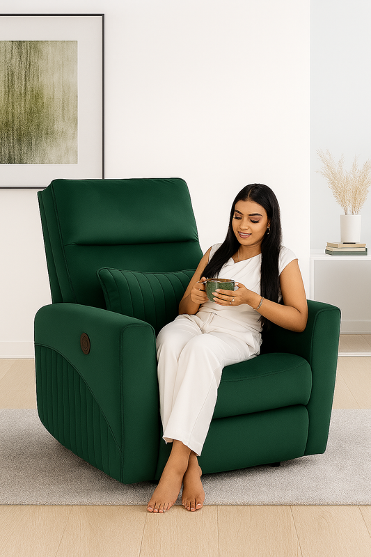 Recliner Sofa 1 Seater Manual Rocking & Revolving Chair I Fabric Recliner with USB Charging (Green)