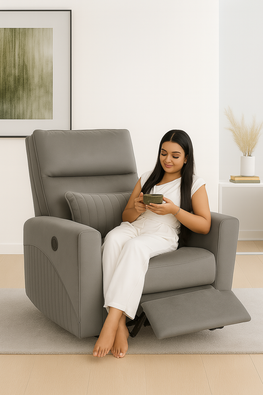 Recliner Sofa 1 Seater Manual Rocking & Revolving Chair I Fabric Recliner with USB Charging (Grey)