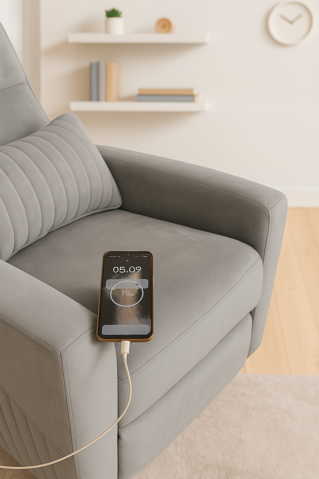 Recliner Sofa 1 Seater Manual Rocking & Revolving Chair I Fabric Recliner with USB Charging (Grey)