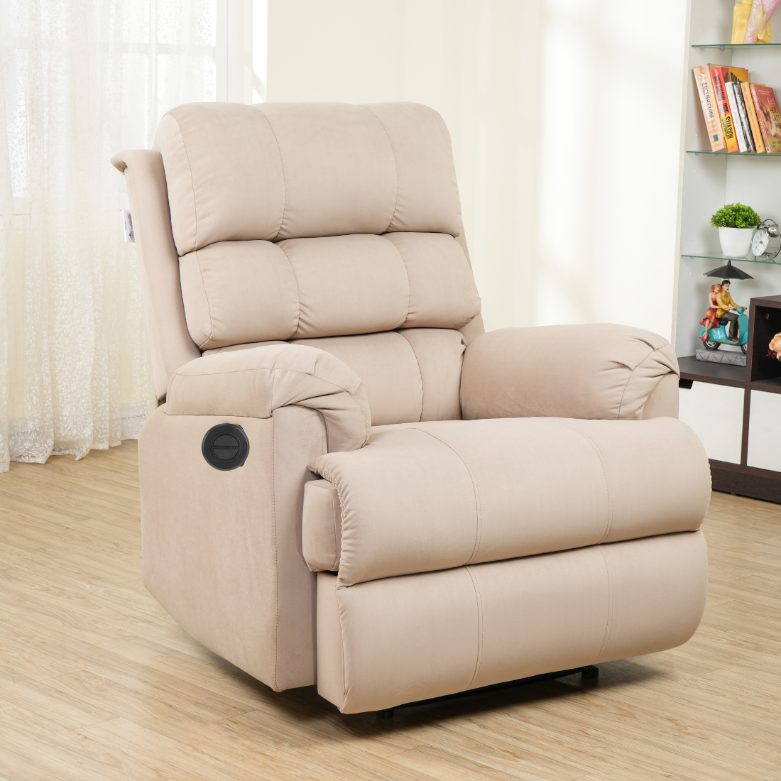 SOLIS ROYALE- THE DESIRED COMFORT Fabric Recliner 1 Seater Sofa Chair | Hush Puffy Recliner Sofa for Head Support and Leg Relaxation | Motorized Recliner Lounge Chairs (1 Year Warranty, Cream)