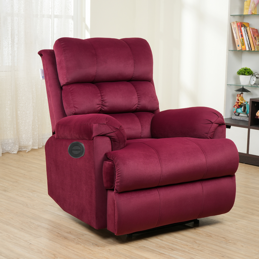 SOLIS ROYALE- THE DESIRED COMFORT Fabric Recliner 1 Seater Sofa Chair | Hush Puffy Recliner Sofa for Head Support and Leg Relaxation | Motorized Recliner Lounge Chairs (1 Year Warranty, Maroon)