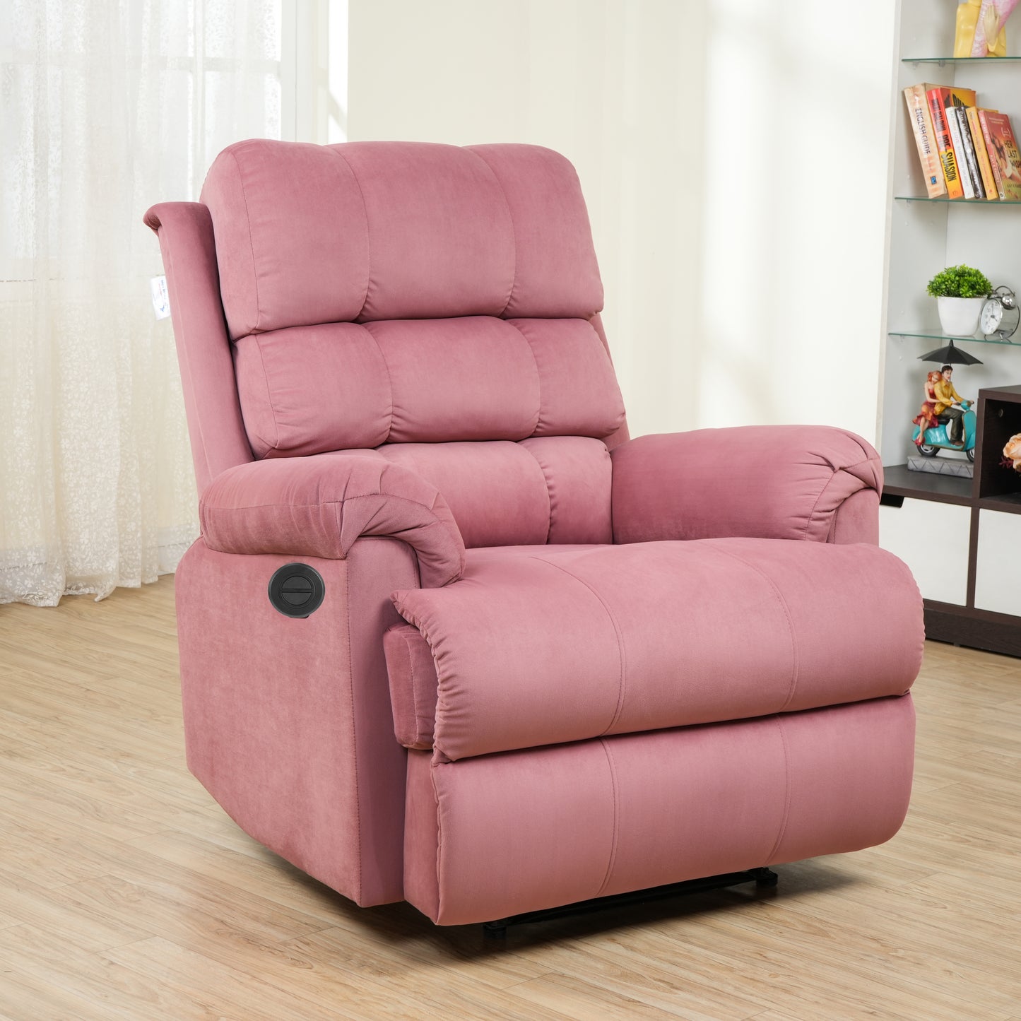 Fabric Recliner 1 Seater Sofa Chair | Hush Puffy Rocking & Revolving Motorized Recliner Sofa for Head Support and Leg Relaxation  Pink