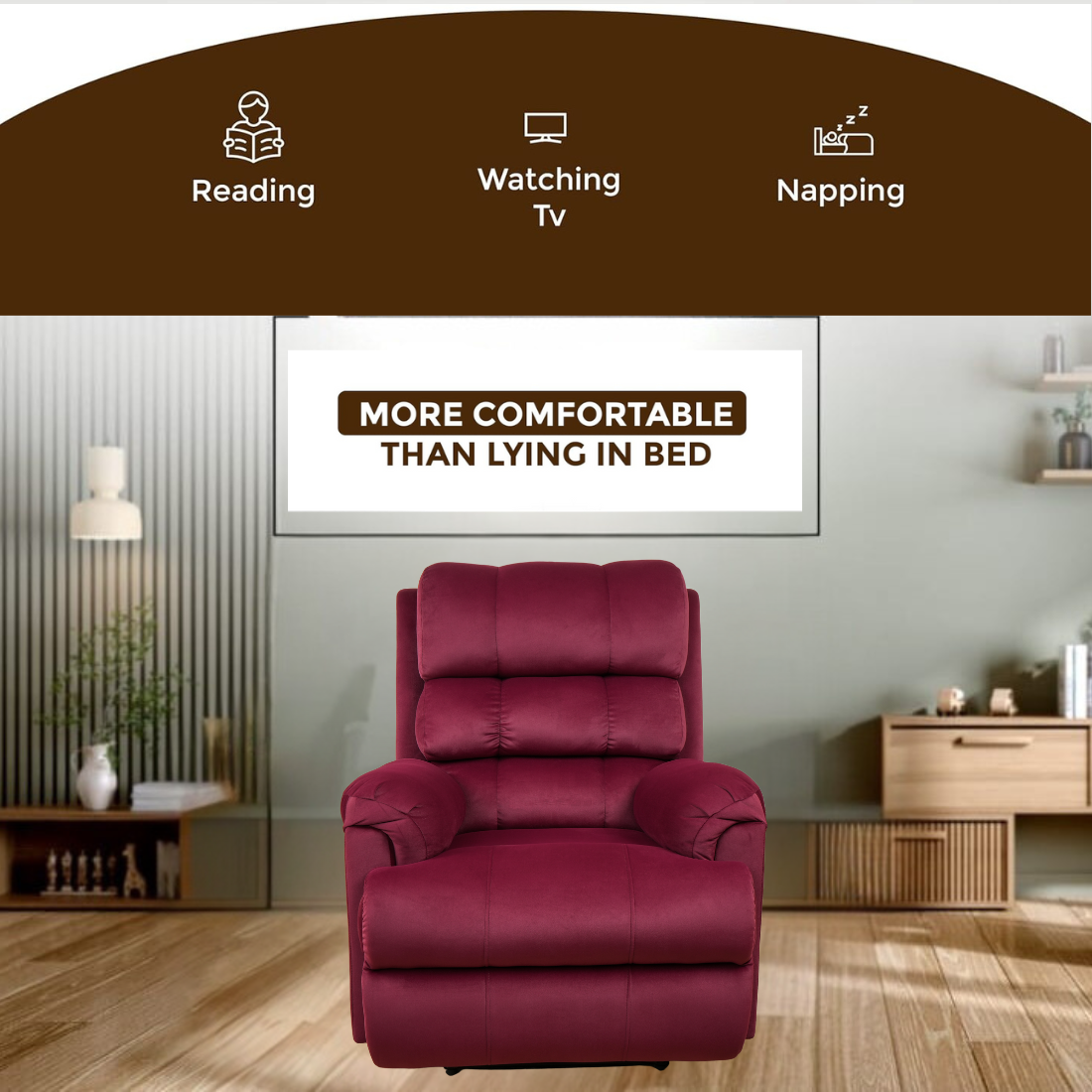 SOLIS ROYALE- THE DESIRED COMFORT Fabric Recliner 1 Seater Sofa Chair | Hush Puffy Recliner Sofa for Head Support and Leg Relaxation | Motorized Recliner Lounge Chairs (1 Year Warranty, Maroon)