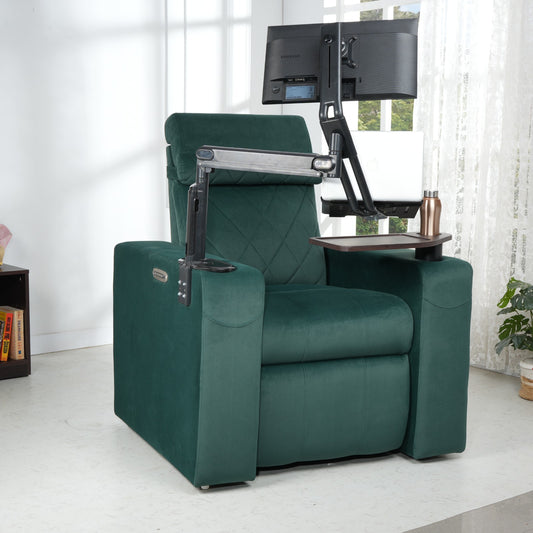 Suede Fabric Recliner Chair | Work from Home Recliner with Cup Holder,Swivel Table, Laptop Tray & Adjustable Neck Support (Green)