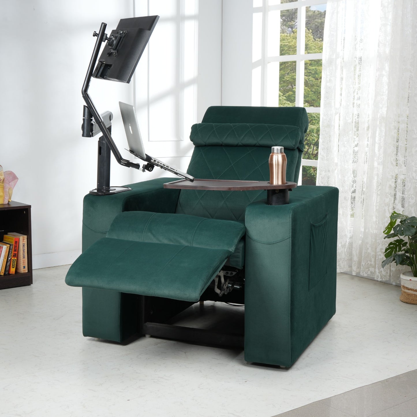Suede Fabric Recliner Chair | Work from Home Recliner with Cup Holder,Swivel Table, Laptop Tray & Adjustable Neck Support (Green)