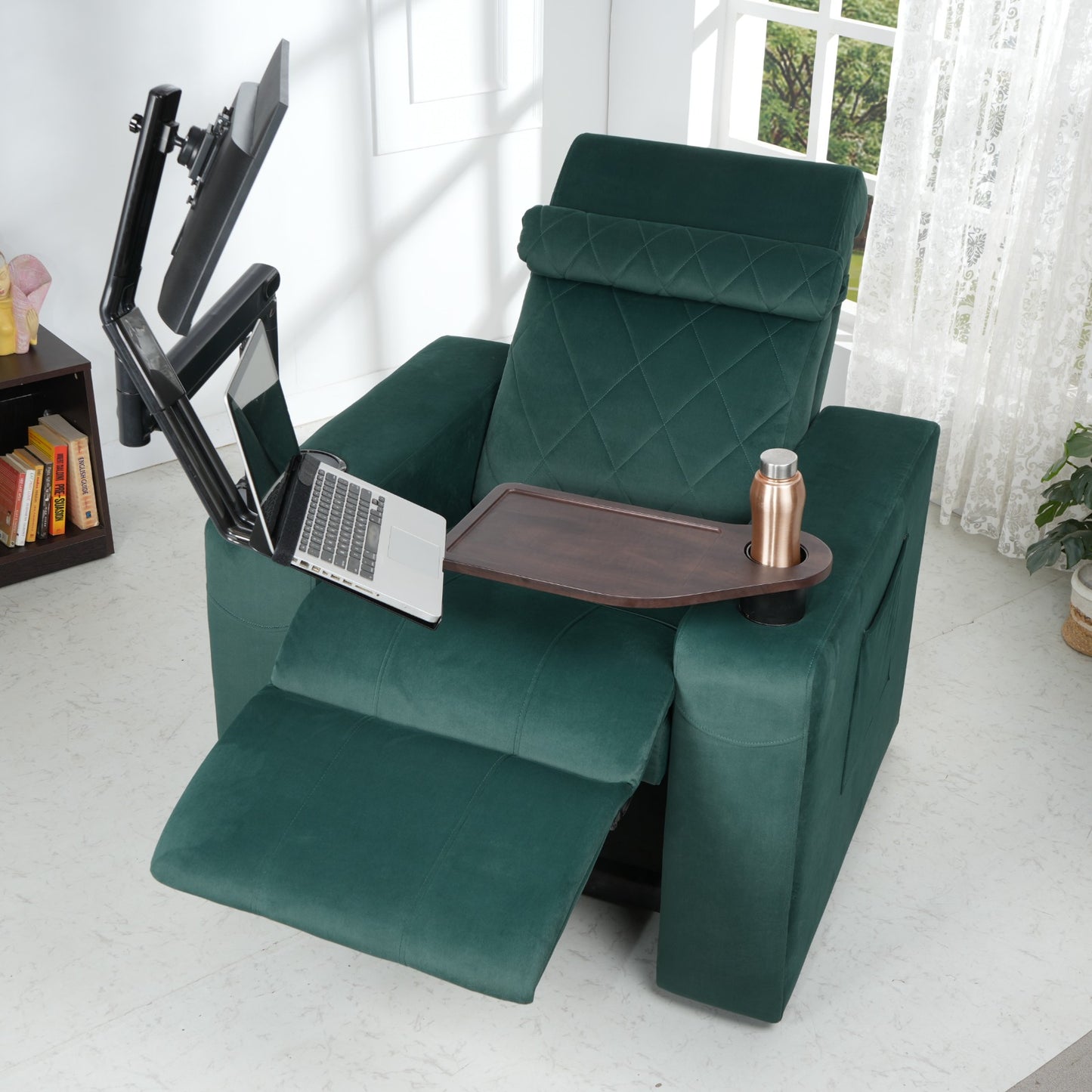 Suede Fabric Recliner Chair | Work from Home Recliner with Cup Holder,Swivel Table, Laptop Tray & Adjustable Neck Support (Green)